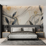 Modern living room with Gold and Grey Abstract Floral Wallpaper creating an elegant atmosphere