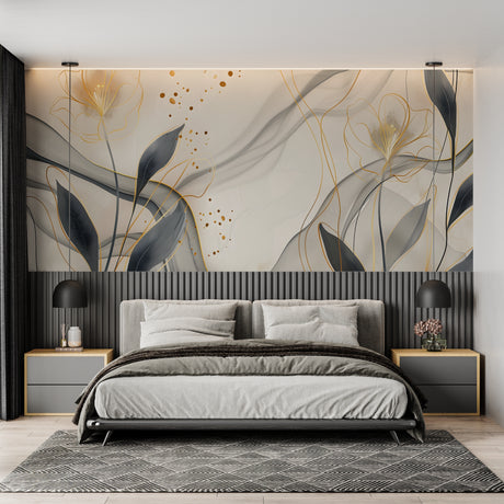 Modern living room with Gold and Grey Abstract Floral Wallpaper creating an elegant atmosphere