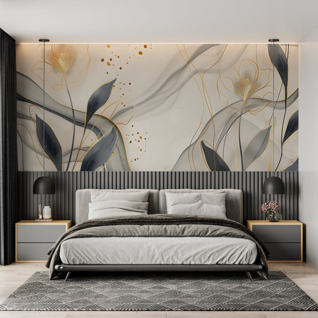 Modern living room with Gold and Grey Abstract Floral Wallpaper creating an elegant atmosphere