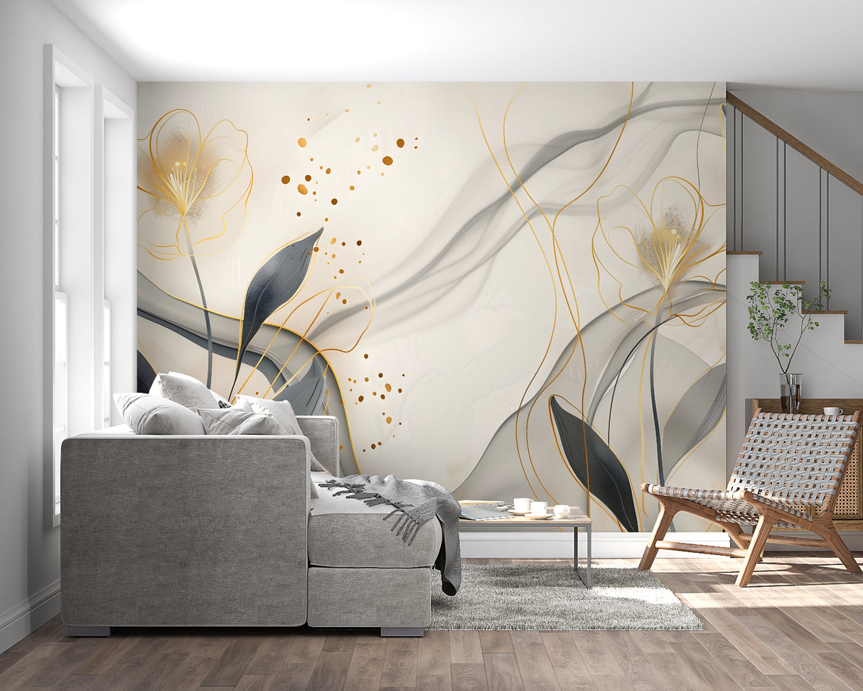 Master bedroom featuring luxurious Gold Leaf Wallpaper with grey botanical patterns