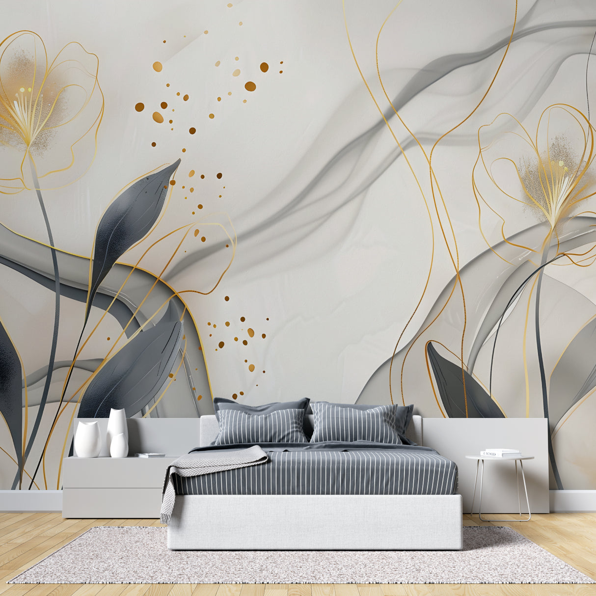 Dining room showcase with Abstract Floral Wallpaper in soft gold and grey tones