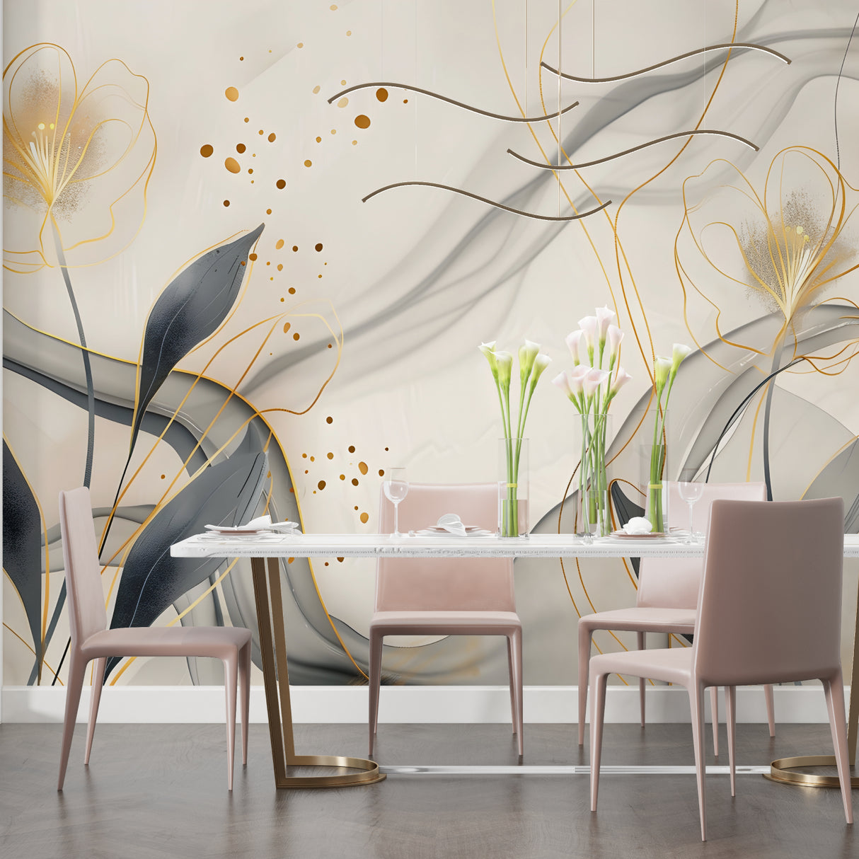 Home office space with Modern Botanical Wallpaper adding sophistication