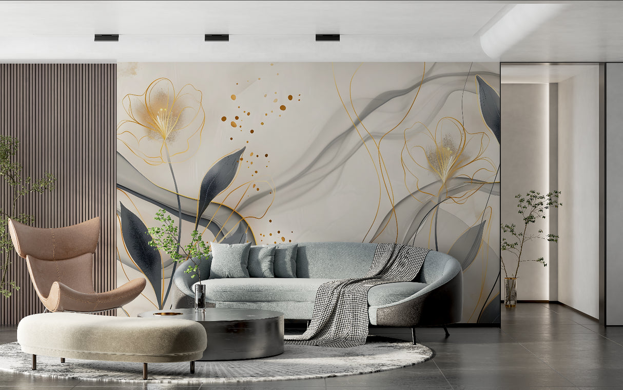Entryway decorated with Gold and Grey Leaf Pattern Wallpaper making a statement