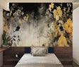 Japanese floral wallpaper in grey and gold tones creating a serene living room atmosphere