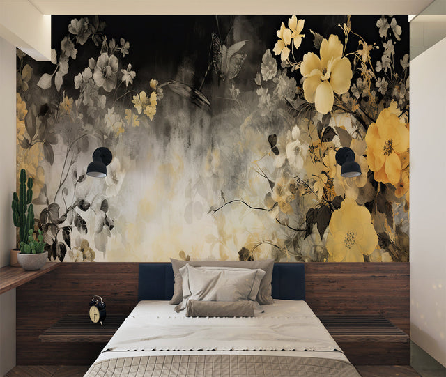 Japanese floral wallpaper in grey and gold tones creating a serene living room atmosphere