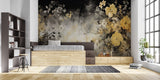 Gold Japanese garden wallpaper adding elegance to a modern dining room setting