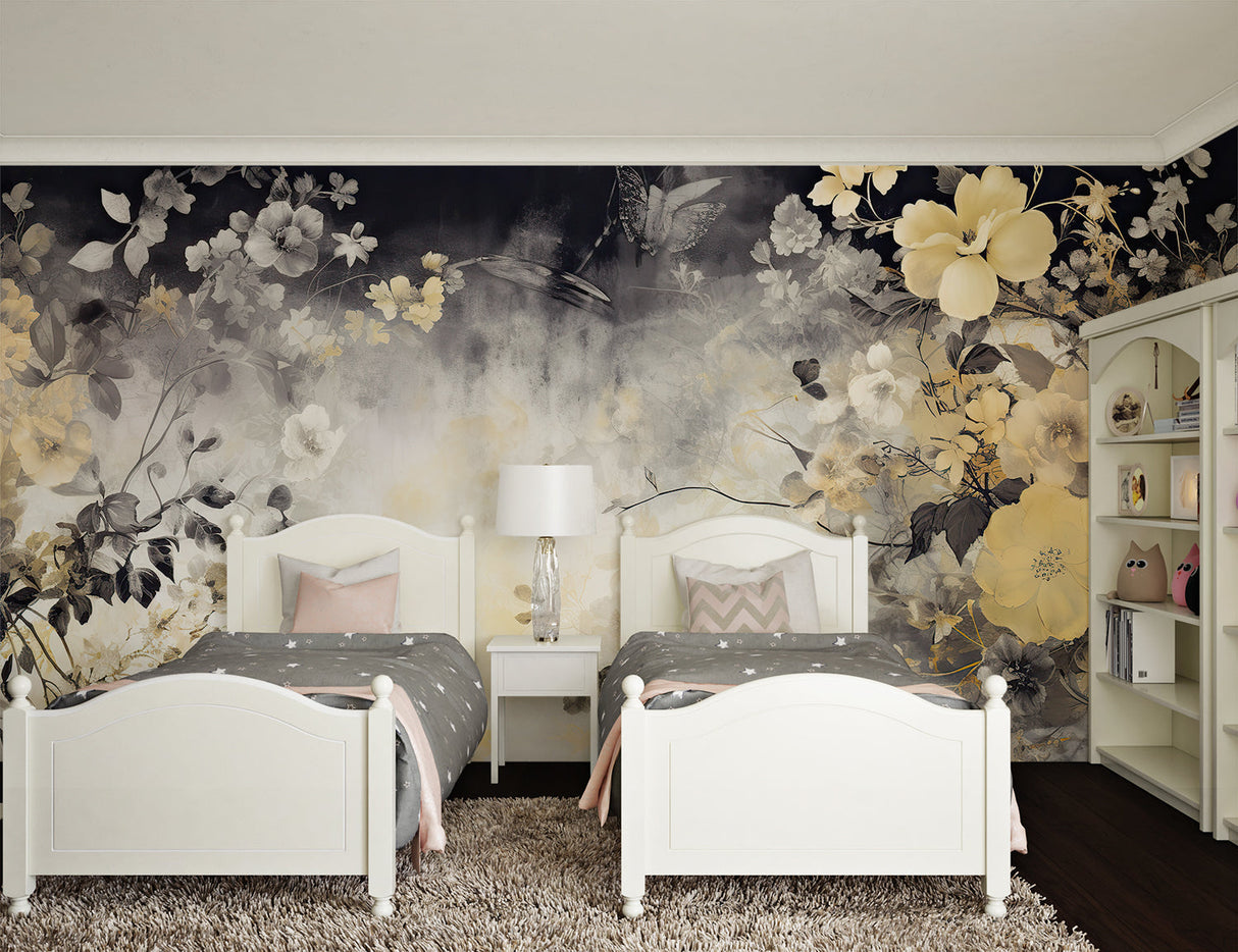 Oriental floral mural bringing calm to a master bedroom space