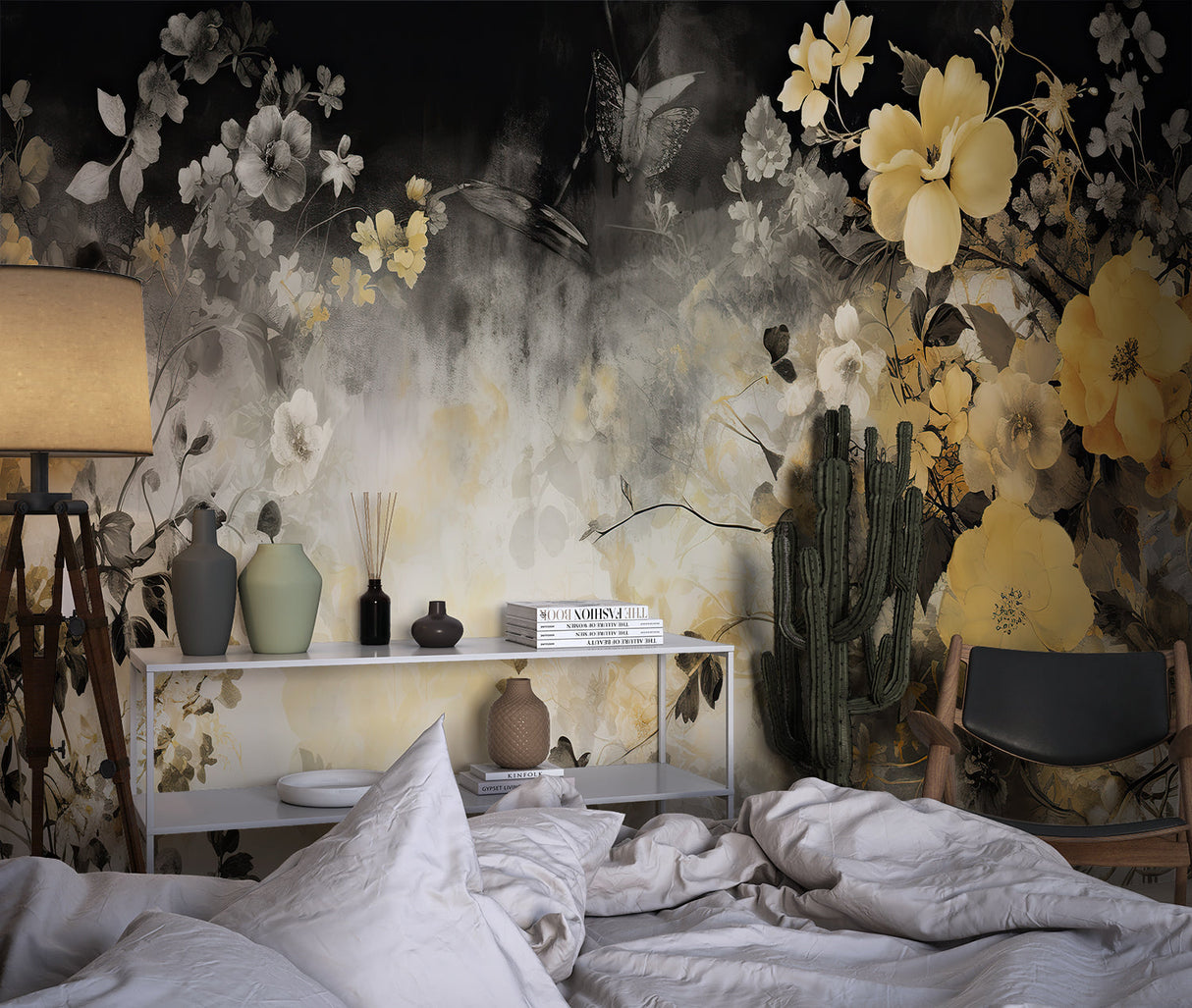 Grey and gold floral design making a statement in an entrance hallway