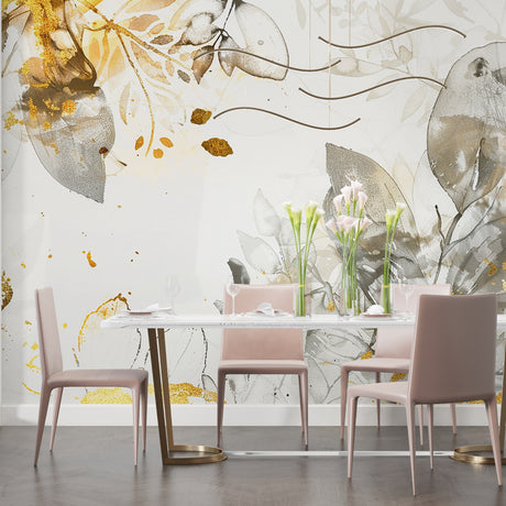 Watercolor gold leaf wallpaper in modern living room showing grey and metallic accents