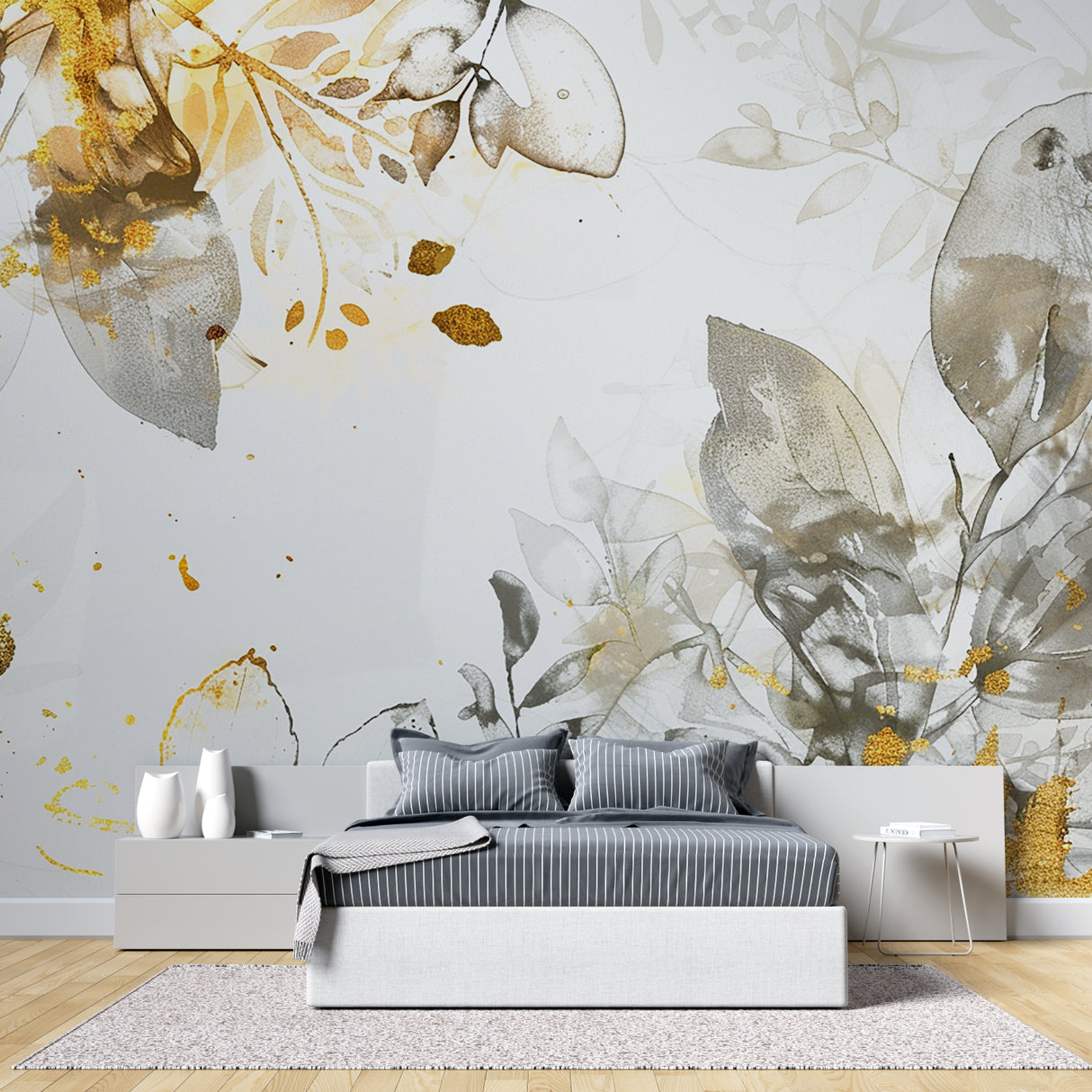 Botanical gold wallpaper mural styled in luxury master bedroom