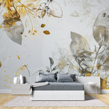 Botanical gold wallpaper mural styled in luxury master bedroom