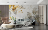 Grey and gold floral wallpaper creating elegant dining room atmosphere