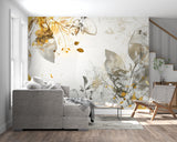 Watercolor leaf pattern wallpaper in home office with natural lighting