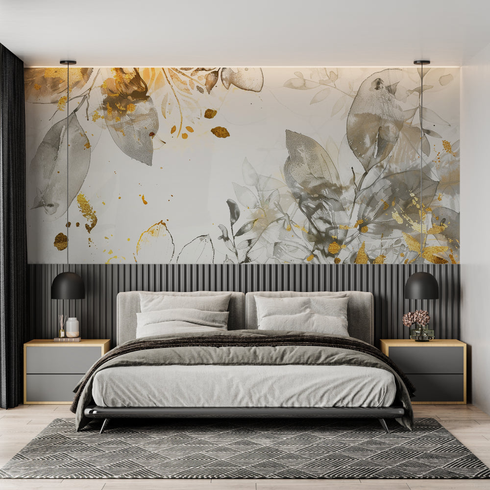 Gold botanical wallpaper making statement in modern hallway design