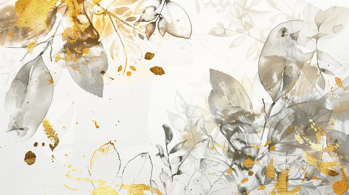 Gold and grey watercolor leaves wallpaper design file showing detailed botanical pattern