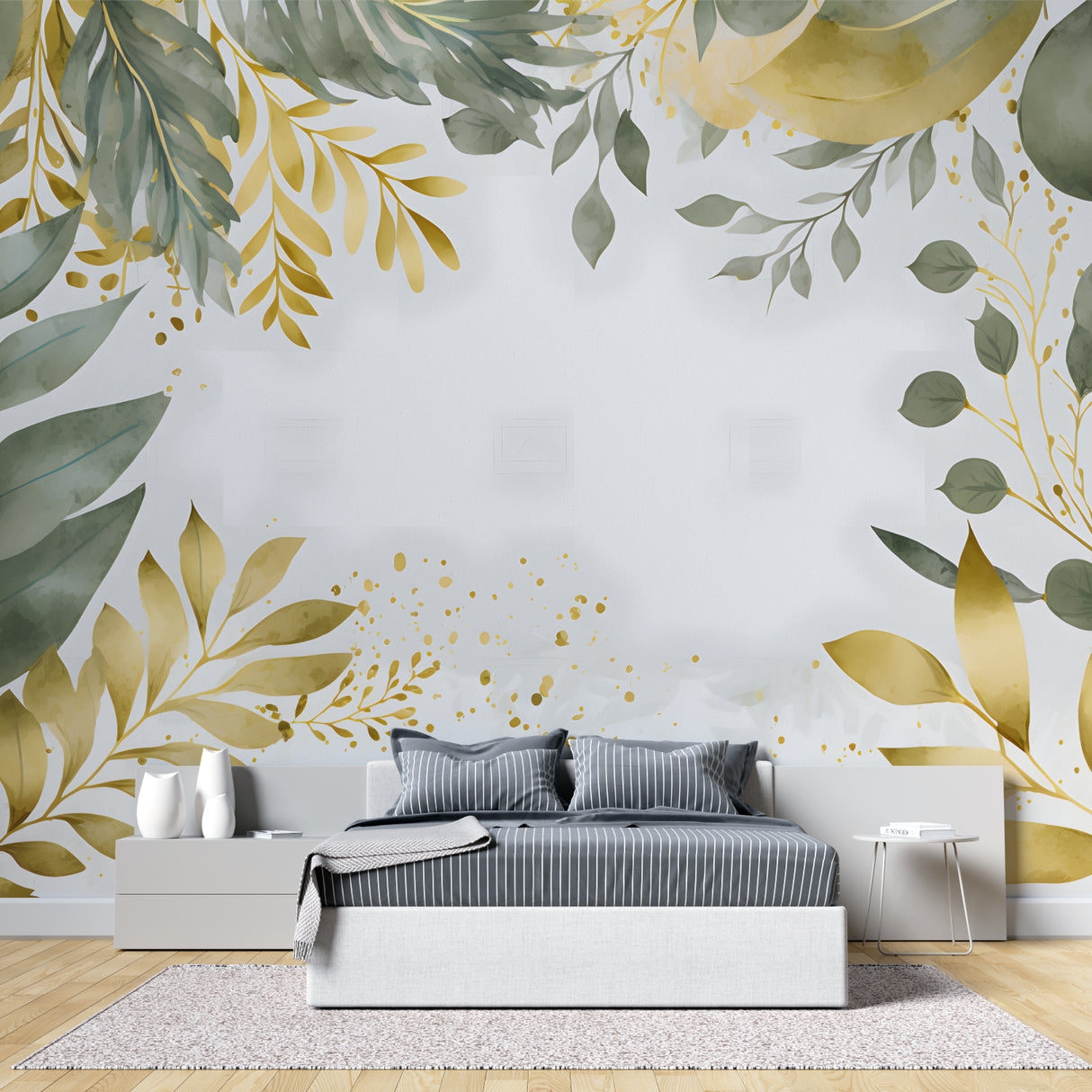 Botanical leaf wallpaper with gold accents in modern living room, creating an elegant atmosphere