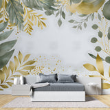 Botanical leaf wallpaper with gold accents in modern living room, creating an elegant atmosphere