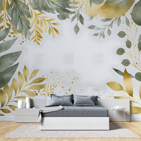 Botanical leaf wallpaper with gold accents in modern living room, creating an elegant atmosphere