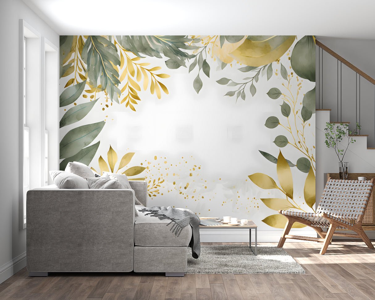 Gold and sage leaf pattern mural in bright dining room setting