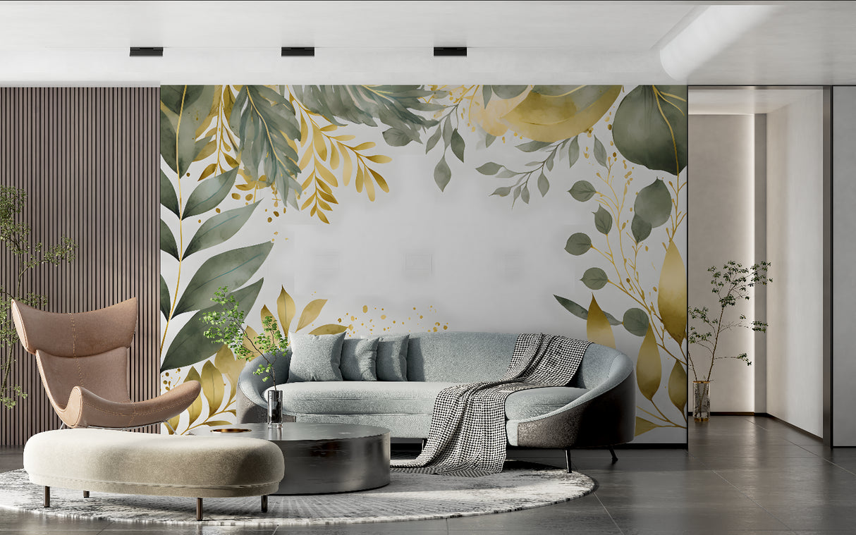 Sage green and gold botanical wallpaper in master bedroom showcase