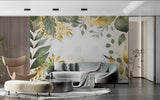 Sage green and gold botanical wallpaper in master bedroom showcase