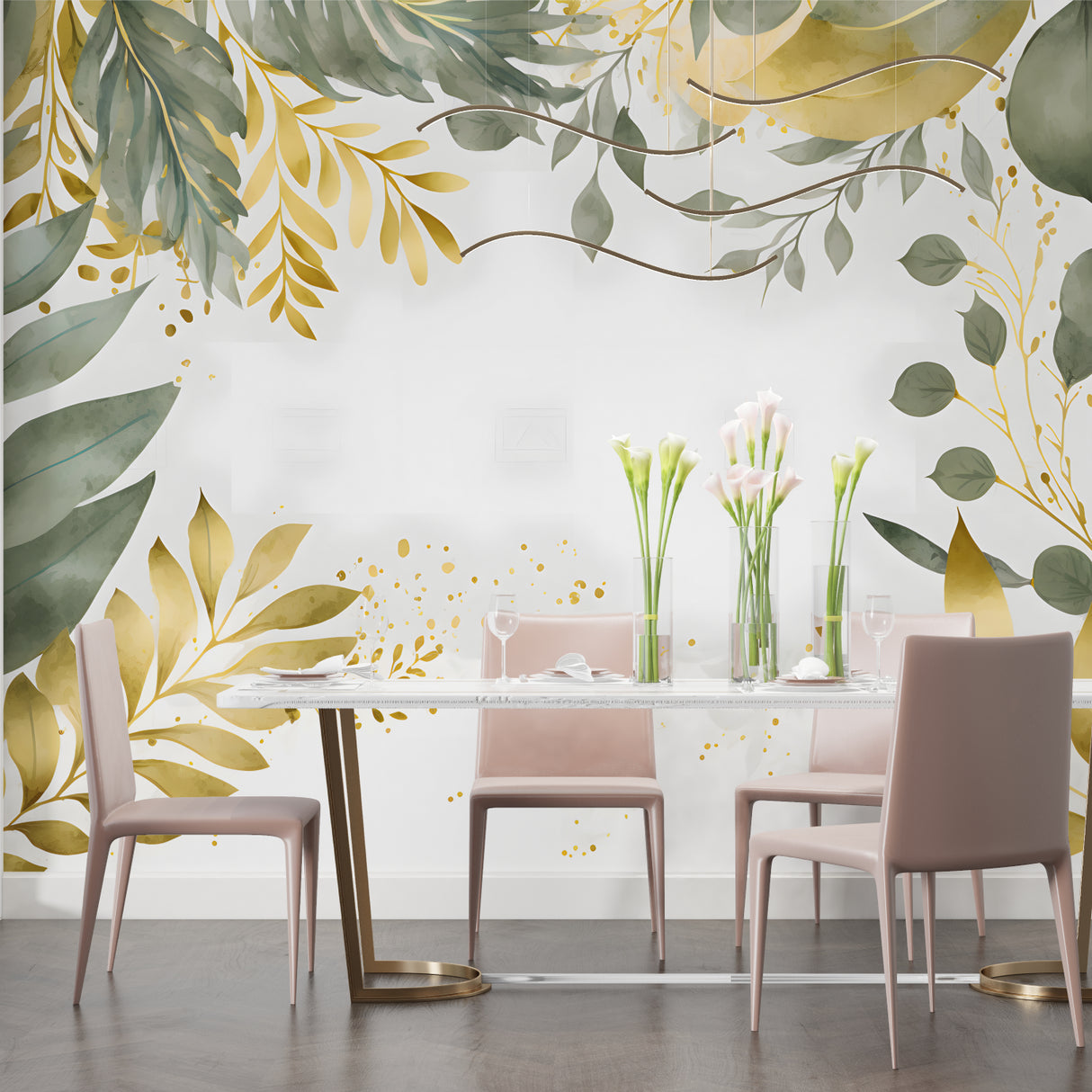 Leaf pattern wallpaper bringing nature into home office space