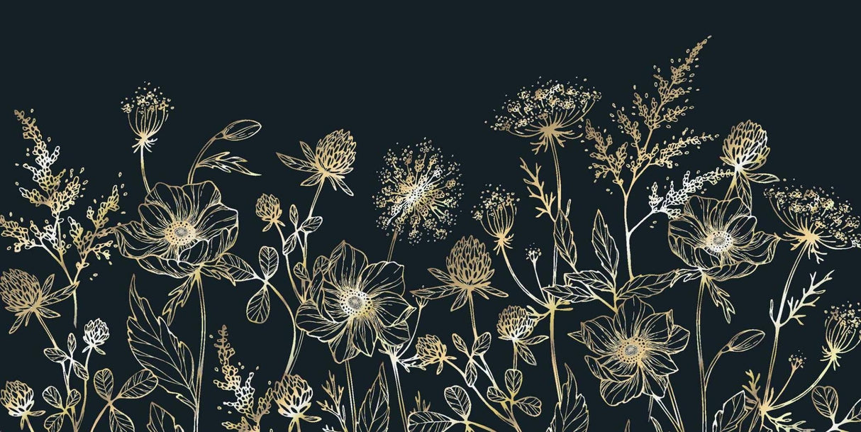 Gold line art floral design file showing detailed botanical pattern on navy background