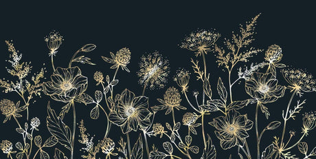 Gold line art floral design file showing detailed botanical pattern on navy background