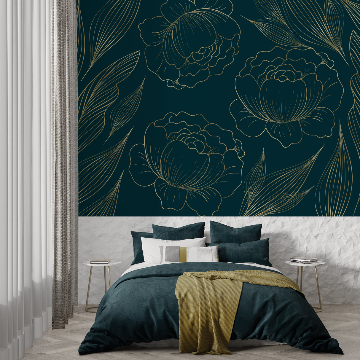 Teal and gold botanical wallpaper in dining room with pendant lights
