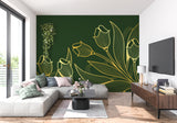 Botanical tulip wallpaper in master bedroom with white bedding