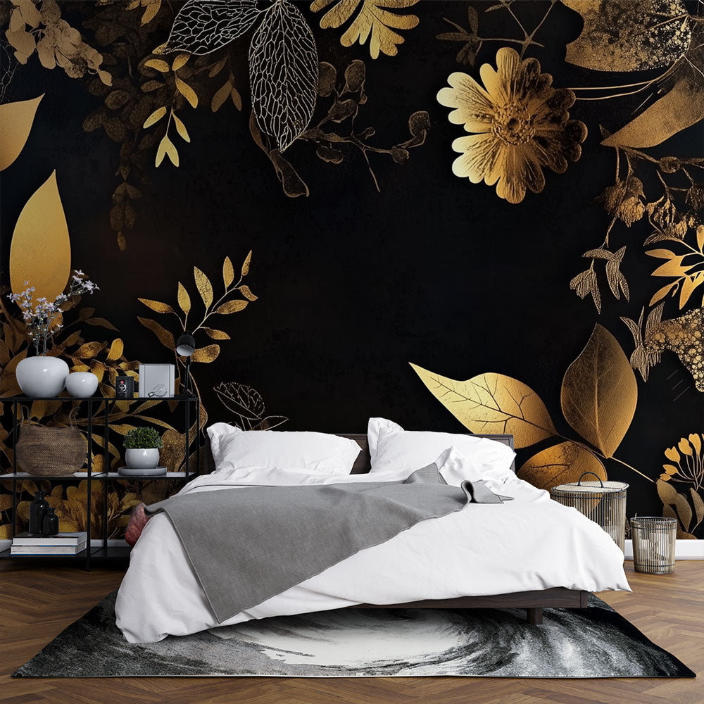 Black and gold floral wallpaper creating a luxurious atmosphere in an elegant dining room with modern furniture
