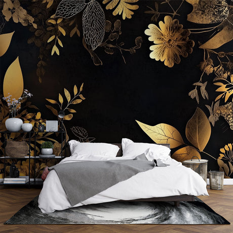 Black and gold floral wallpaper creating a luxurious atmosphere in an elegant dining room with modern furniture