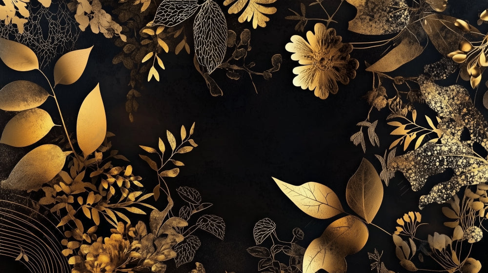 Black and gold botanical design file showing intricate floral pattern and metallic details