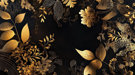 Black and gold botanical design file showing intricate floral pattern and metallic details