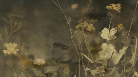 Floral wall mural with golden botanicals brightening a modern living room with green accents