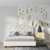 Golden dried flower wallpaper in modern dining room with natural light