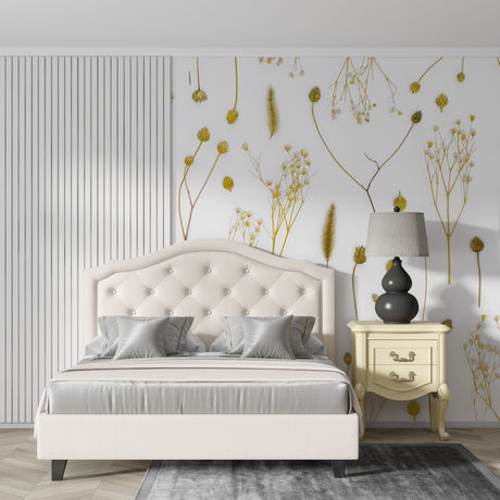 Golden dried flower wallpaper in modern dining room with natural light