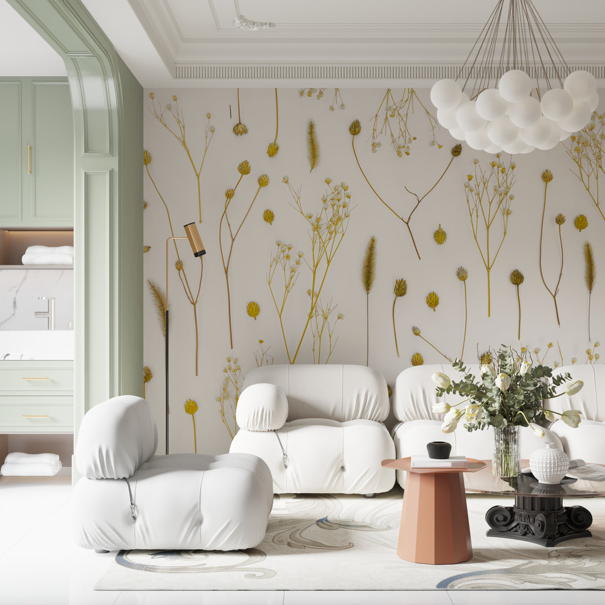 Dried floral wallpaper creating elegant home office atmosphere