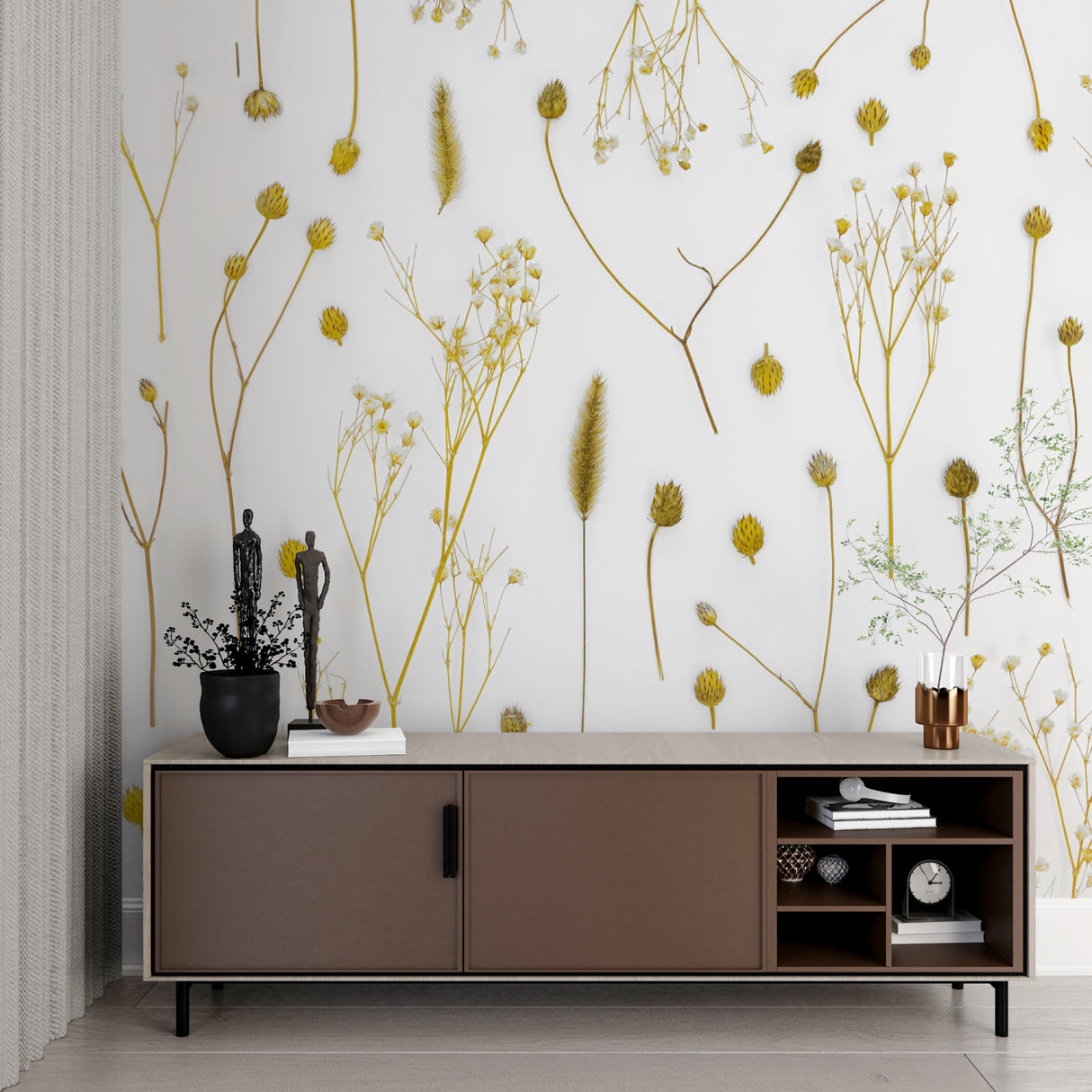 Golden botanical wallpaper in stylish living room setup