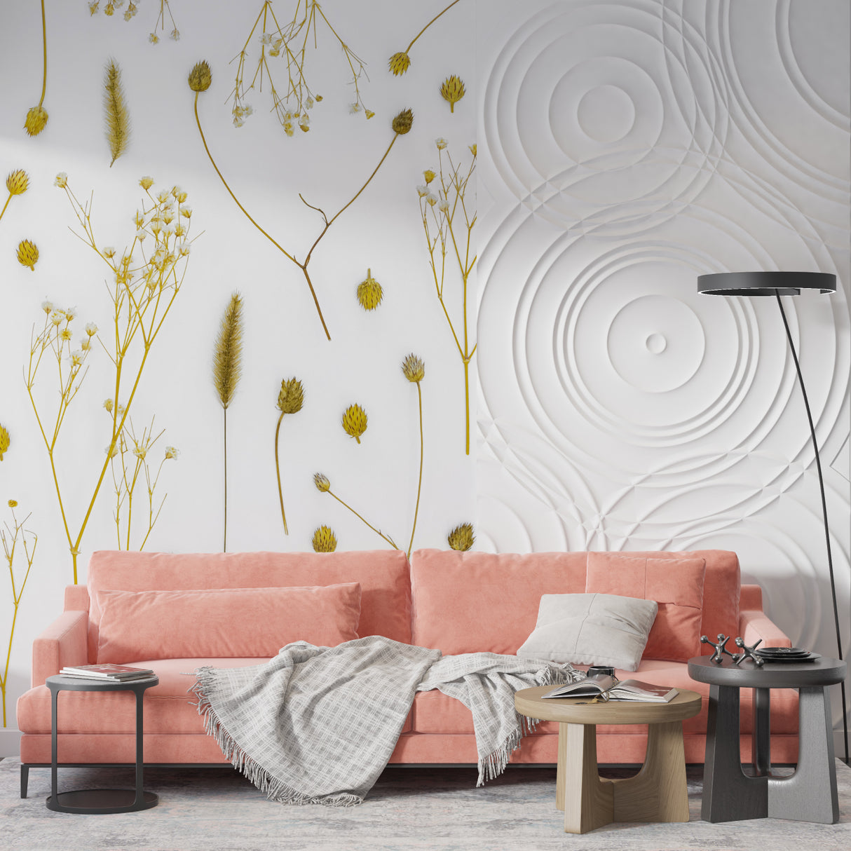 Floral wall mural adding warmth to hallway entrance