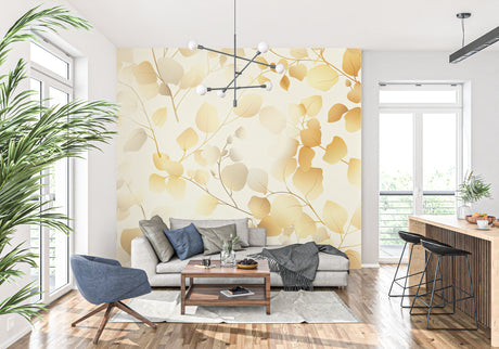 Golden leaf wallpaper mural in bright modern living room showing natural light interaction