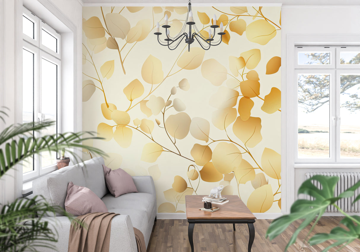 Elegant gold leaf mural wallpaper featured in cozy dining room setting