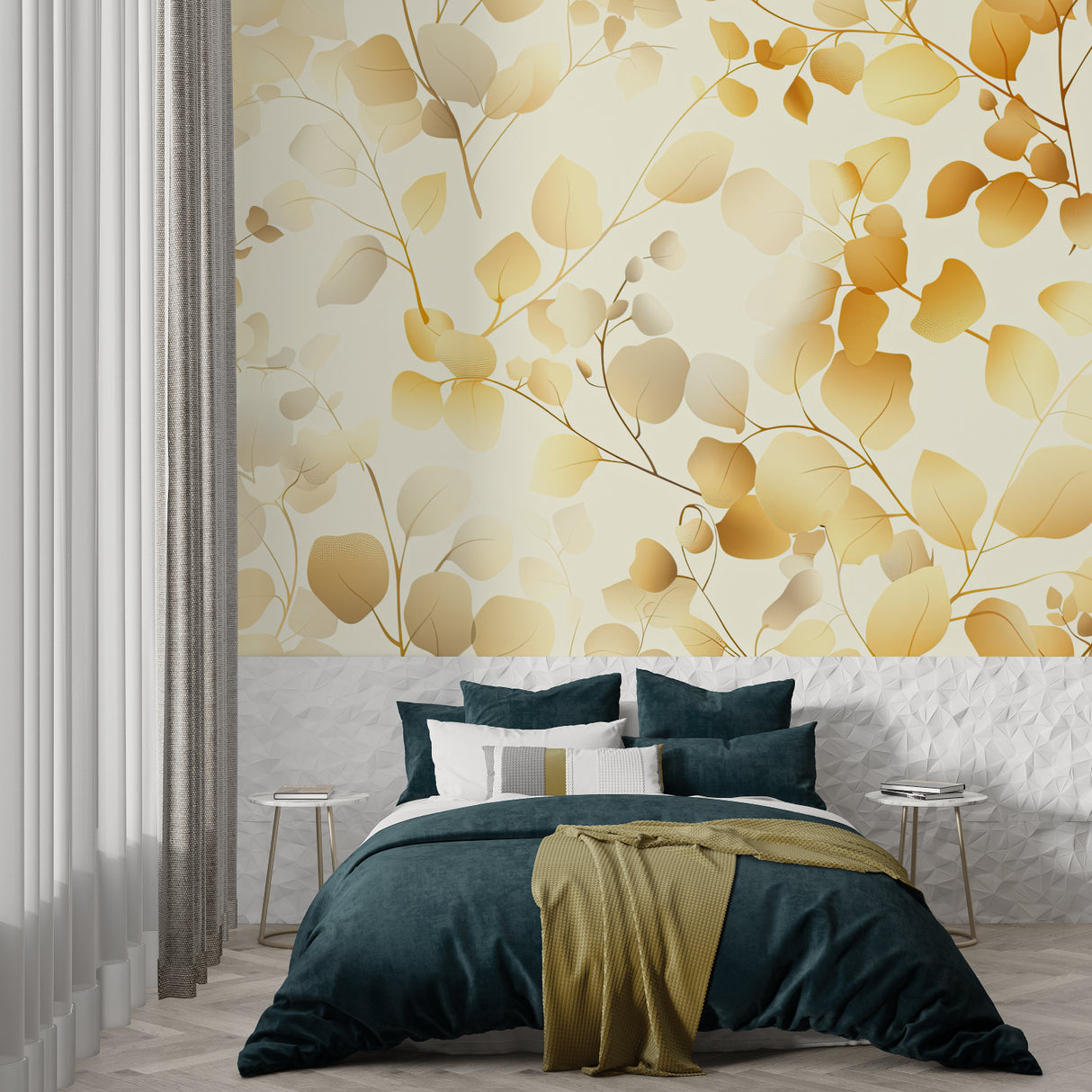 Golden leaves wallpaper bringing warmth to home office space