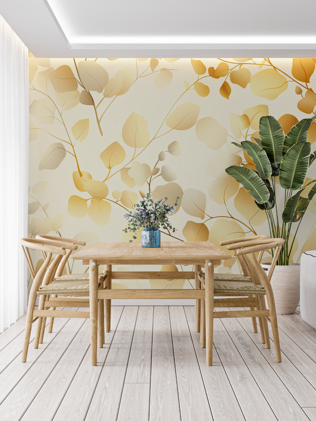 Metallic leaf pattern mural making statement in entrance hallway