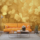 Golden leaves luxury wallpaper in modern living room creating warm ambient lighting