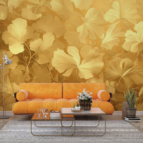 Golden leaves luxury wallpaper in modern living room creating warm ambient lighting