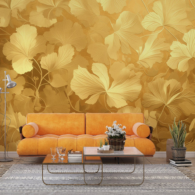 Golden leaves luxury wallpaper in modern living room creating warm ambient lighting