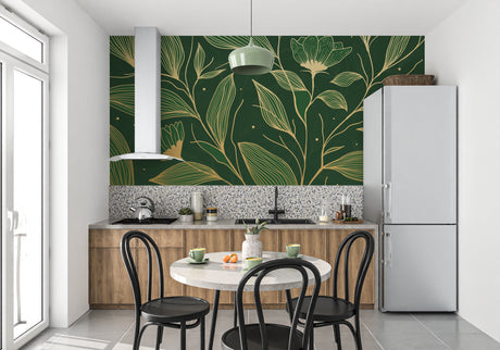 Luxurious green and gold botanical wallpaper creating a stunning backdrop in a modern living room setting