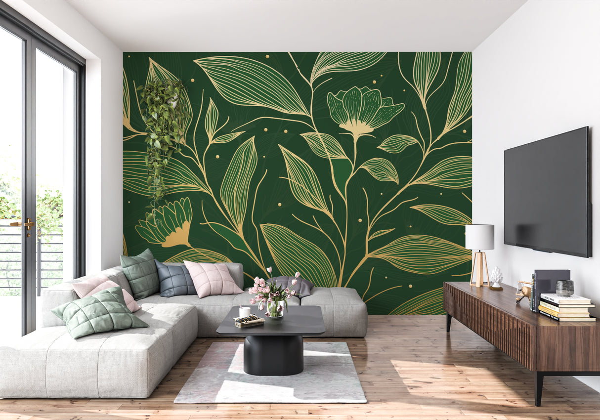 Emerald green floral wallpaper with golden accents brightening up a cozy dining room