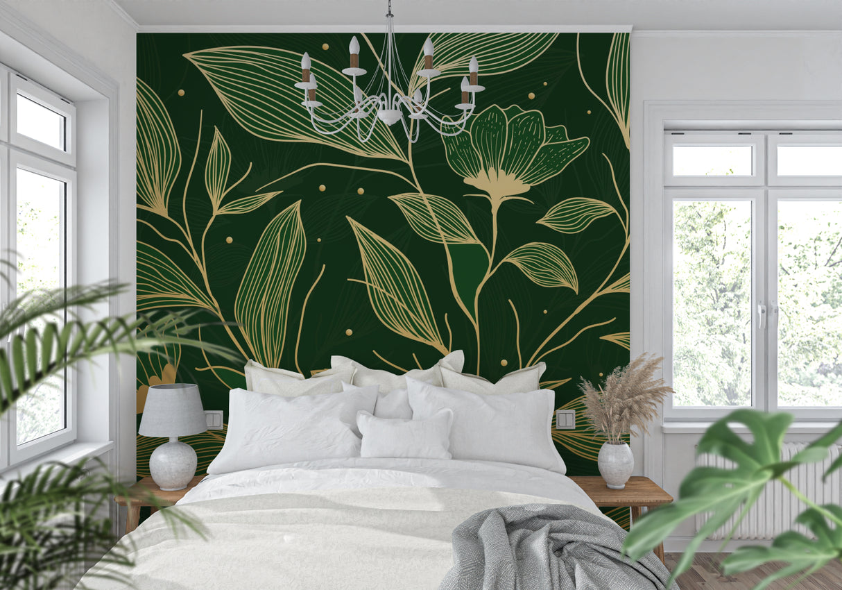 Botanical wall mural showcasing golden leaves pattern in a stylish home office